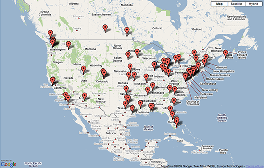 Keyword Intervention: Locations of last 500 users as of October 27, 2009