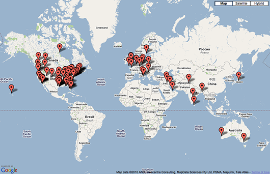 Keyword Intervention: Locations of last 500 users as of October 24, 2010